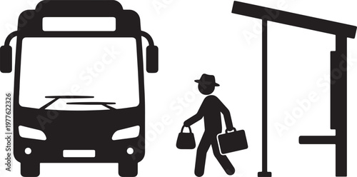 Black silhouette of a bus and a person with luggage at a bus stop also transparent background, public transport