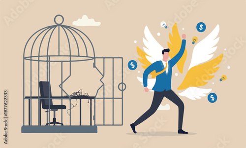 Break start, escape for freedom, resign from toxic workplace or retirement concept, confidence businessman break free from toxic working desk bird cage