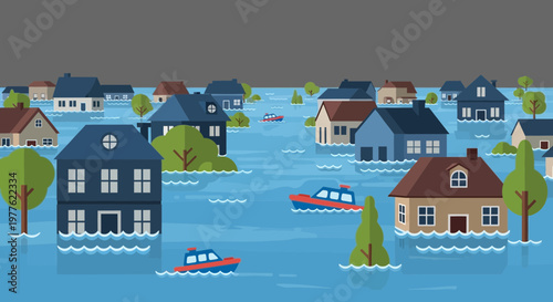 Flooded town with rescue boats navigating between houses.