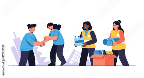 People donating and receiving aid items in a city setting.