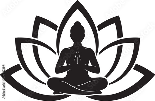 Black silhouette of a person meditating in lotus pose within a stylized lotus flower also transparent background