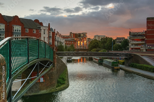 Sunset evening sky above buildings near Birmingham Sherborne Wharf water canal