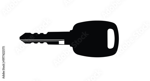 A black silhouette of a modern car key on a white background
