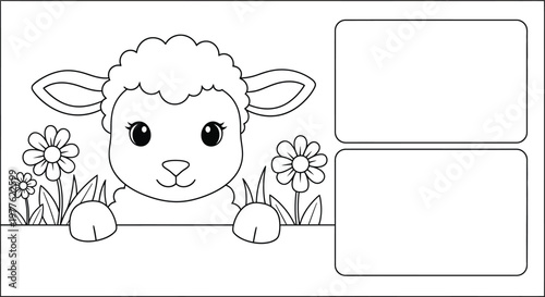Cute baby sheep with flowers coloring page for kids with copy space