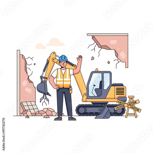 A construction worker operates an excavator demolishing a building wall with rubble.