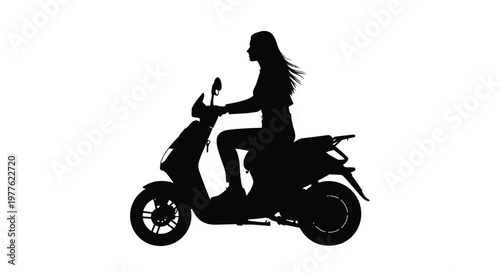 Woman riding a scooter in a striking black outline silhouette