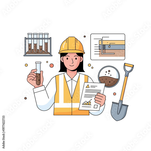 Female engineer examines soil sample with shovel and test tube on construction site with graph and stratigraphy chart