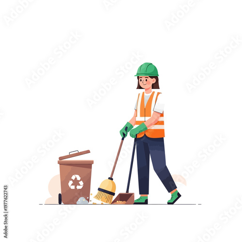 A woman wearing a green hard hat sweeps trash into a recycling bin outdoors.