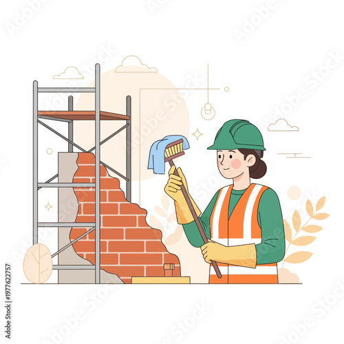 A construction worker applies mortar to a brick wall on scaffolding outdoors.