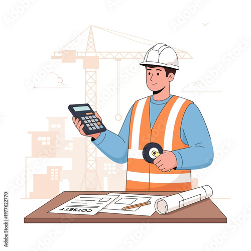 A construction worker in a hard hat examines plans with a calculator and tape measure on a table.