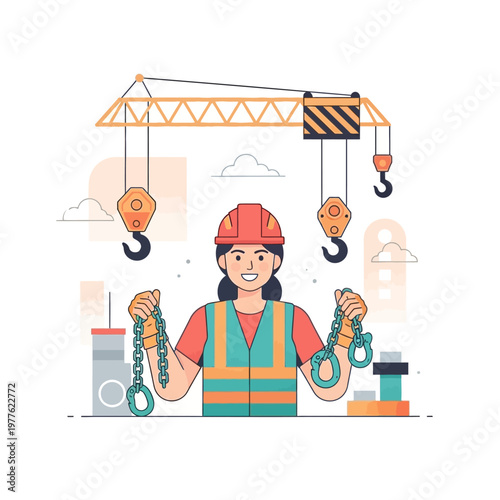 A construction worker operates hooks on a crane at a building site.
