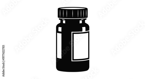 Simple black silhouette of a pill bottle with a label silhouette