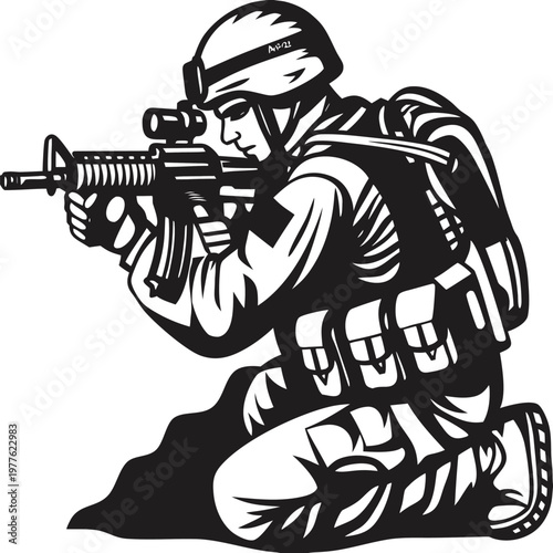 Elite military soldier in tactical gear takes aim with a powerful rifle for a critical mission