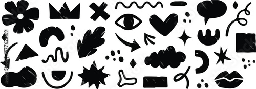 black flat retro groovy doodle shape element set with crown eye heart star arrow cloud moon lips smiley for sticker tattoo streetwear and social media graphic design