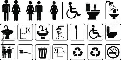 Collection of black and white bathroom and accessibility pictograms for public facilities
