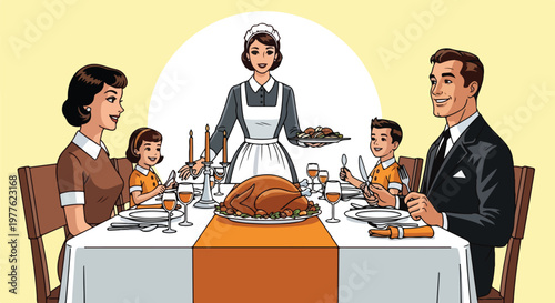 Vintage 1950s family dinner vector illustration, retro mid-century family eating thanksgiving turkey, maid serving traditional holiday meal