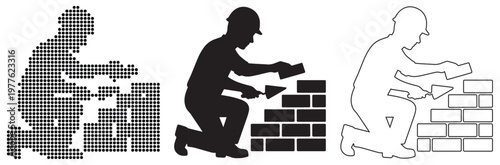 Construction worker bricklaying silhouette, mosaic and outline styles