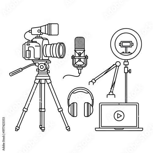 Line art illustration of video recording equipment.