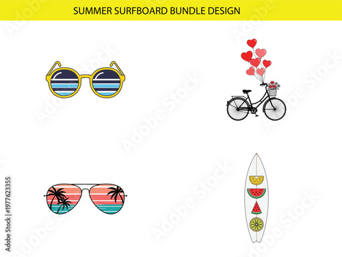 A colorful summer design featuring sunglasses a bicycle heart balloons and a watermelon surfboard high quality