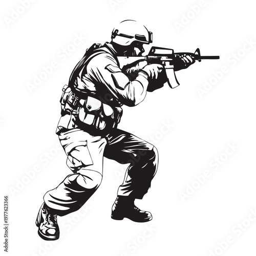 Agile soldier in full combat uniform holding a rifle in a ready aiming position during active duty