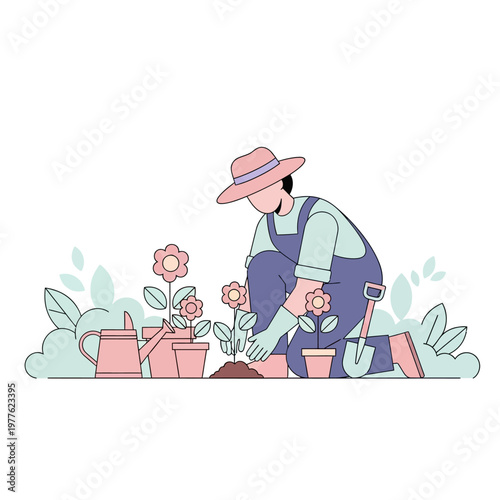 A person in overalls and a hat is planting flowers in pots with gardening tools nearby outdoors.