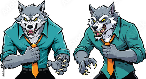 Aggressive werewolf businessman mascot, angry wolf character wearing office shirt and tie, fierce corporate beast vector illustration set