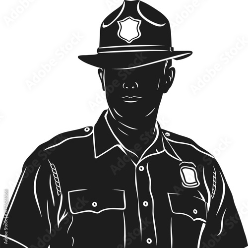 Silhouette of a male police officer standing vigilant in uniform wearing a distinctive service hat