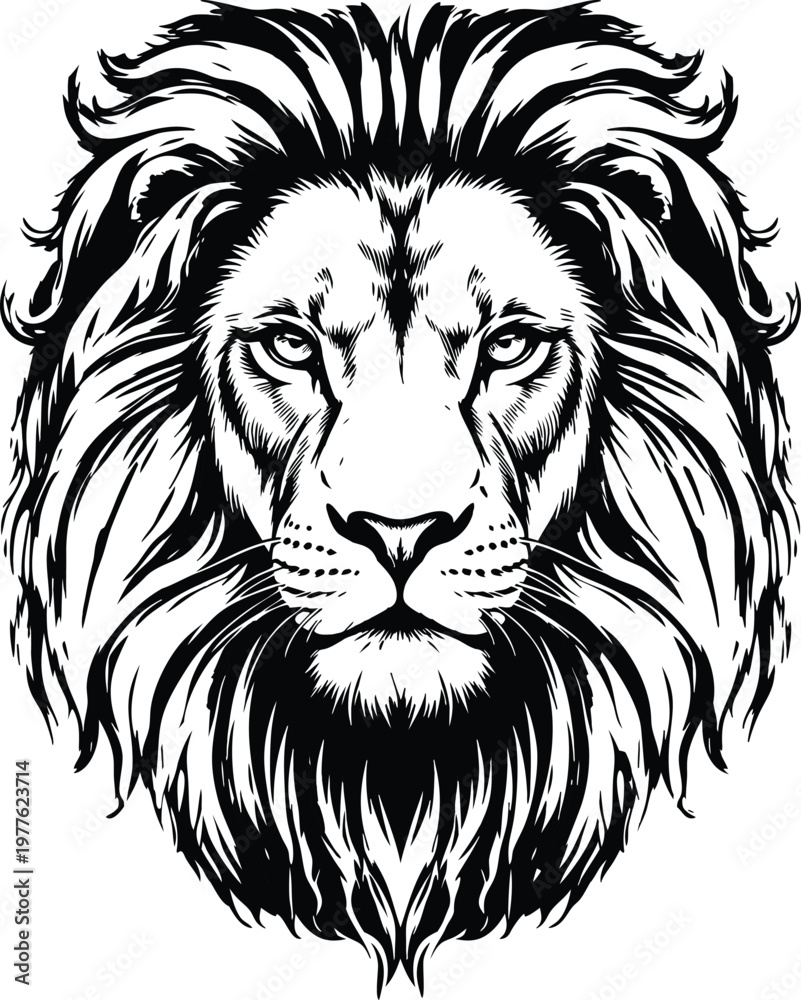 Obraz premium Powerful tribal lion head vector illustration featuring a wild animal mascot and angry predator silhouette for a kingly feline tattoo