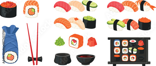 Set of Various Sushi Rolls, Sashimi, and Condiments with Chopsticks for Japanese Cuisine, Food, and Restaurant Designs