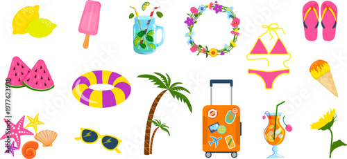 Summer vacation icon set with watermelon, lemonade drink, ice cream, palm tree, swimsuit, flip flops, sunglasses, travel suitcase, inflatable ring and beach elements