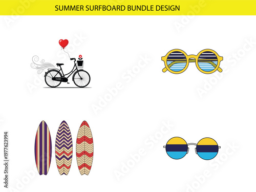A colorful summer collection featuring surfboards bicycles sunglasses and a heart shaped balloon illustration high quality