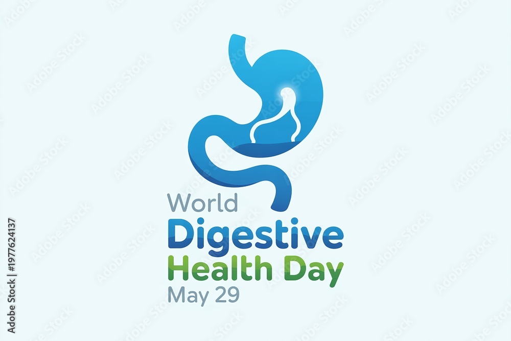 Fototapeta premium World Digestive Health Day Awareness Graphic with Blue Stomach Icon and Typography for Medical Clinics and Gastroenterology Awareness Campaigns