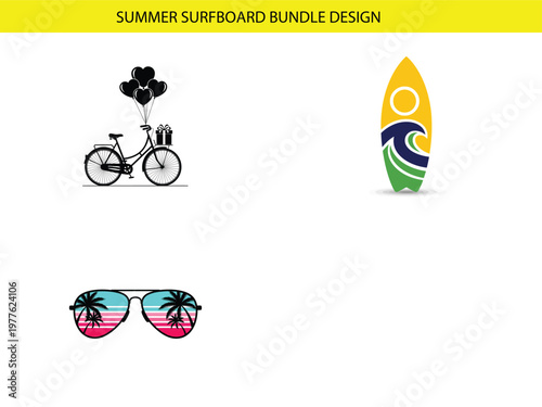 A summer themed graphic bundle featuring a bicycle surfboard and sunglasses with a palm tree reflection