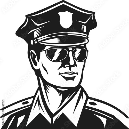 Confident male police officer in uniform with cap and dark sunglasses looking sideways