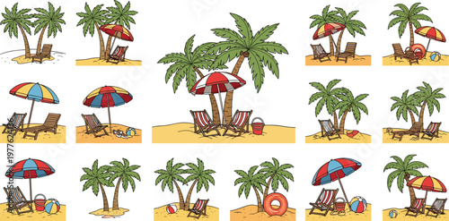Set of Tropical Beach Scenes with Palm Trees, Umbrellas, and Lounge Chairs for Summer, Vacation, and Outdoor Designs