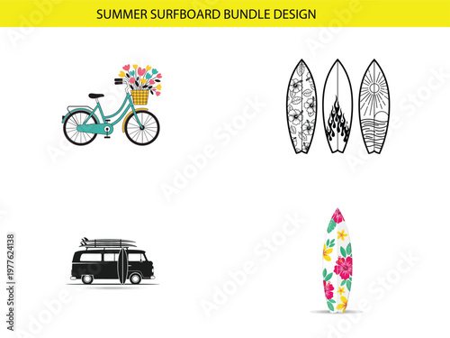 A vibrant summer collection featuring surfboards a bicycle with flowers and a vintage camper van