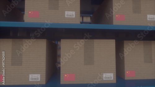 Warehouse Shelves Filled With Cardboard Boxes Marked With China Flag