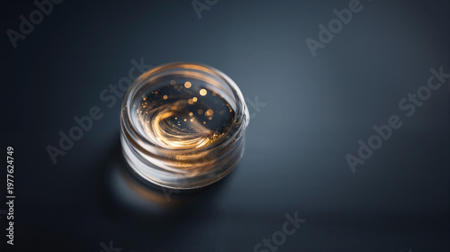Bioluminescent Gold Solution Swirling Glass Vial Ethereal Glow Dark Matte Surface Serene Scientific Breakthrough 