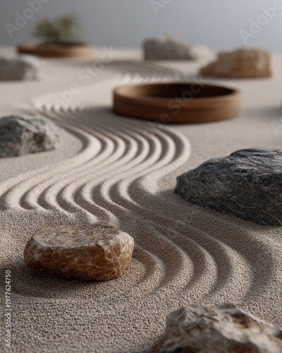 Meditative sand patterns adorned with natural stones