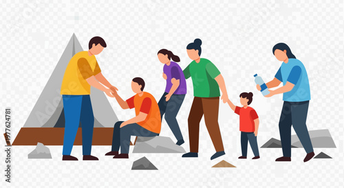 People camping outdoors with a tent and supplies.