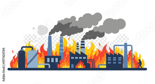 Factory complex on fire emitting dark smoke and flames.