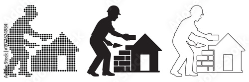 Construction worker building a house with bricks, diverse illustration styles