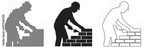 Bricklayer Silhouette Building Wall with Trowel, Vector Art Styles