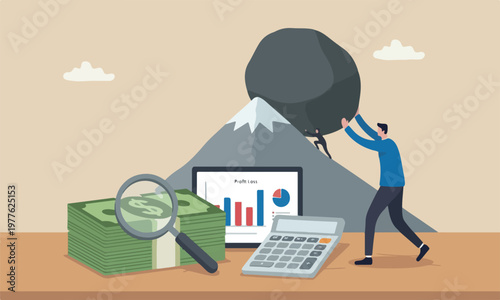 Tax, search for return boulder uphill mountain peak or financial report review concept, magnifying glass on pile of US Dollar banknotes money with calculator on graph and chart profit and loss report