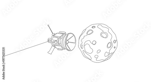 Space probe orbiting asteroid, minimalist line art, exploration concept