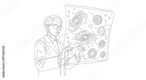 Scientist Studying Galaxies and Universe Map on Digital Screen