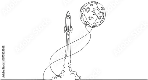 Rocket Launching Towards Moon, Space Exploration, Abstract Line Art