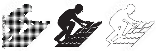 Roofer Installing Tiles Silhouette and Line Art Icons
