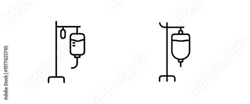 Medical IV drip and infusion line icons set featuring saline bag on stand hospital equipment for patient treatment more vector illustration with editable stroke.