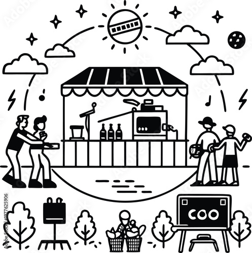 outdoor market with tent stall musicians people and produce symbolizing community commerce and celebration